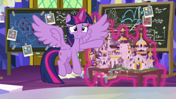 Size: 1920x1080 | Tagged: safe, screencap, character:twilight sparkle, character:twilight sparkle (alicorn), species:alicorn, species:pony, episode:sparkle's seven, g4, my little pony: friendship is magic, animation error, chalkboard, flying, solo