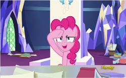 Size: 908x558 | Tagged: safe, screencap, character:pinkie pie, species:pony, episode:sparkle's seven, g4, my little pony: friendship is magic, book, discovery family logo, friendship throne, salute, solo, throne room, twilight's castle