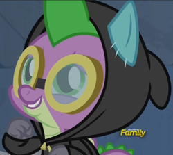 Size: 539x481 | Tagged: safe, screencap, character:spike, species:dragon, episode:sparkle's seven, g4, my little pony: friendship is magic, clothing, costume, cute, dangerous mission outfit, discovery family logo, goggles, hoodie, smiling, solo, spikabetes, winged spike