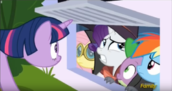 Size: 1112x592 | Tagged: safe, screencap, character:fluttershy, character:rainbow dash, character:rarity, character:spike, character:twilight sparkle, character:twilight sparkle (alicorn), species:alicorn, species:pony, episode:sparkle's seven, g4, my little pony: friendship is magic, clothing, costume, dangerous mission outfit, detective rarity, discovery family logo, goggles, hoodie, vent