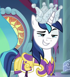 Size: 338x371 | Tagged: safe, screencap, character:shining armor, species:pony, species:unicorn, episode:sparkle's seven, g4, my little pony: friendship is magic, cropped, crown, hard-won helm of the sibling supreme, male, royal guard armor, smiling, stallion