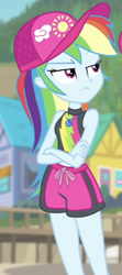Size: 292x655 | Tagged: safe, screencap, character:rainbow dash, equestria girls:forgotten friendship, g4, my little pony:equestria girls, baseball cap, beach, board shorts, cap, clothing, cropped, crossed arms, geode of super speed, hat, jewelry, magical geodes, necklace, rainbow dash is not amused, sleeveless, solo, swimming trunks, swimsuit, unamused