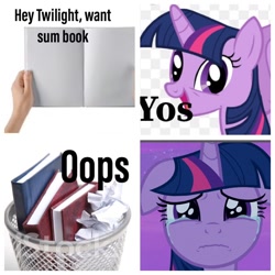 Size: 640x640 | Tagged: safe, artist:jengazi, derpibooru original, edit, edited screencap, screencap, character:twilight sparkle, character:twilight sparkle (alicorn), oc, species:alicorn, species:human, species:pony, adorable distress, birb, book, book abuse, bookhorse, bronybait, caption, comic, crying, cute, dank memes, female, floppy ears, frown, hand, happy, image macro, into the trash it goes, irl human, lidded eyes, looking at you, mare, meme, photo, ponified animal photo, ponified meme, pure unfiltered evil, sad, sadorable, screencap comic, simple background, smiling, spread wings, text, that pony sure does love books, trash can, wavy mouth, white background, wings, you monster