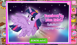 Size: 1024x600 | Tagged: safe, gameloft, official, screencap, character:jasmine leaf, character:rainbow dash, character:raspberry vinaigrette, character:twilight sparkle, character:twilight sparkle (alicorn), species:alicorn, species:pony, g4, female, flying, looking at you, mare, turkish
