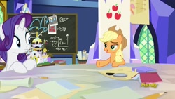 Size: 1920x1080 | Tagged: safe, screencap, character:applejack, character:rarity, species:earth pony, species:pony, species:unicorn, episode:sparkle's seven, g4, my little pony: friendship is magic, book, chalkboard, cutie map, friendship throne