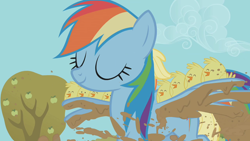 Size: 1280x720 | Tagged: safe, screencap, character:applejack, character:rainbow dash, species:bird, species:chicken, species:pegasus, species:pony, episode:fall weather friends, g4, my little pony: friendship is magic, cute, dashabetes, eyes closed, solo