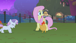 Size: 1280x720 | Tagged: safe, screencap, character:fluttershy, character:sweetie belle, species:bird, species:chicken, species:pony, episode:stare master, g4, my little pony: friendship is magic