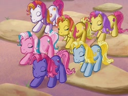 Size: 640x480 | Tagged: safe, screencap, character:apple spice, character:cotton candy (g3), character:gem blossom, character:sunny daze (g3), episode:the princess promenade, g3, eyes closed, fizzypop, moondancer (g3)