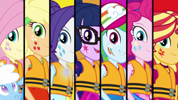 Size: 1920x1080 | Tagged: safe, screencap, character:applejack, character:fluttershy, character:pinkie pie, character:rainbow dash, character:rarity, character:sunset shimmer, character:twilight sparkle, character:twilight sparkle (scitwi), species:eqg human, species:sheep, equestria girls:spring breakdown, g4, my little pony:equestria girls, black background, black bars, cap, clothing, cutie mark, cutie mark on equestria girl, glasses, hat, humane five, humane seven, humane six, lifejacket, sci twi is watching you, simple background, smiling, wallpaper