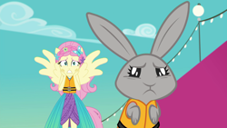 Size: 1920x1080 | Tagged: safe, screencap, character:fluttershy, species:rabbit, equestria girls:spring breakdown, g4, my little pony:equestria girls, duo, female, male, mr. bouncy, ponied up, spread wings, wings