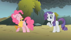 Size: 1280x720 | Tagged: safe, screencap, character:pinkie pie, character:rarity, episode:dragonshy, g4, my little pony: friendship is magic, aside glance, rubber chicken
