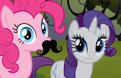 Size: 1280x821 | Tagged: safe, screencap, character:pinkie pie, character:rarity, species:earth pony, species:pony, species:unicorn, episode:spike at your service, g4, my little pony: friendship is magic, female, looking at you, mare, moustache, stare, staring into your soul