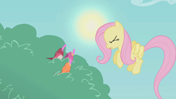 Size: 1280x720 | Tagged: safe, screencap, character:constance, character:fluttershy, species:bird, species:pegasus, species:pony, episode:dragonshy, g4, my little pony: friendship is magic, eyes closed, female, flying, mare, spitting, tongue out, worm