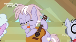 Size: 1920x1080 | Tagged: safe, screencap, character:dusty pages, species:pony, episode:the point of no return, g4, my little pony: friendship is magic, discovery family logo, guitar, tongue out
