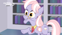 Size: 1920x1080 | Tagged: safe, screencap, character:dusty pages, species:earth pony, species:pony, episode:the point of no return, g4, my little pony: friendship is magic, bookshelf, collar, discovery family logo, elderly, female, glasses, mare, necktie, pointing, smiling, solo