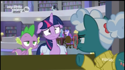 Size: 1149x648 | Tagged: safe, screencap, character:bellflower blurb, character:booksmart, character:pokey pierce, character:sea swirl, character:spike, character:twilight sparkle, character:twilight sparkle (alicorn), species:alicorn, species:pony, episode:the point of no return, g4, my little pony: friendship is magic, desk, discovery family logo, floppy ears, librarian, library, saddle bag, worried