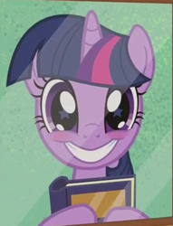 Size: 501x657 | Tagged: safe, screencap, character:twilight sparkle, character:twilight sparkle (unicorn), species:pony, species:unicorn, episode:the point of no return, g4, my little pony: friendship is magic, adorkable, blushing, book, bookhorse, cropped, cute, dork, female, grin, happy, hoof hold, looking at you, mare, photo, picture, picture frame, smiling, solo, squee, starry eyes, twiabetes, wingding eyes