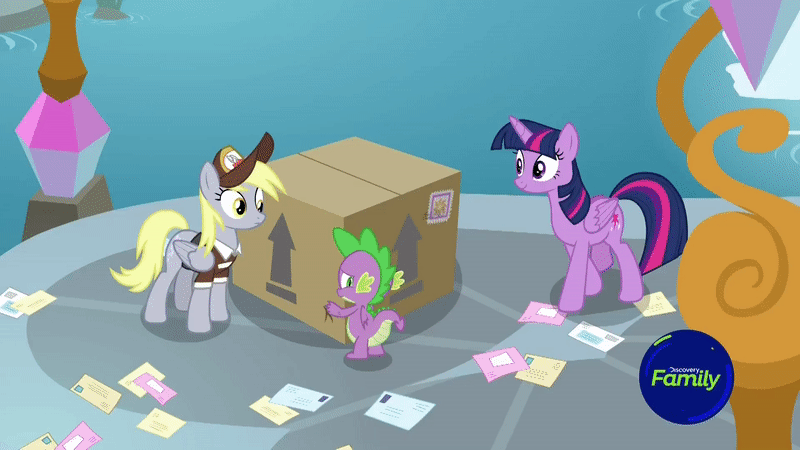 Size: 800x450 | Tagged: safe, screencap, character:derpy hooves, character:spike, character:twilight sparkle, character:twilight sparkle (alicorn), species:alicorn, species:dragon, species:pegasus, species:pony, episode:the point of no return, g4, my little pony: friendship is magic, animated, box, cute, depressed, derpabetes, flying, i must go, letter, mail, mailpony, mailpony uniform, school of friendship, smiling, water, waterfall, winged spike