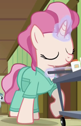 Size: 532x830 | Tagged: safe, screencap, species:pony, species:unicorn, episode:a flurry of emotions, g4, my little pony: friendship is magic, eyes closed, first check, glowing horn, magic, race swap, silver scrubs, solo focus, telekinesis
