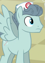 Size: 322x455 | Tagged: safe, screencap, species:pegasus, species:pony, episode:where the apple lies, g4, my little pony: friendship is magic, background pony, character:doctor high fever, clothing, cropped, doctor high fever, hat, male, solo, spread wings, stallion, wings