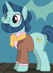 Size: 576x796 | Tagged: safe, screencap, species:pony, species:unicorn, episode:viva las pegasus, g4, my little pony: friendship is magic, background pony, beard, clothing, cropped, facial hair, jacket, male, moustache, pince-nez, solo, stallion, unnamed pony