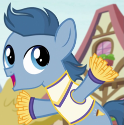 Size: 705x715 | Tagged: safe, screencap, species:earth pony, species:pony, episode:the cart before the ponies, g4, my little pony: friendship is magic, background pony, cheerleader, cheerleader outfit, colt, cropped, foal, male, open mouth, perky prep, pom pom, solo
