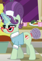 Size: 518x740 | Tagged: safe, screencap, character:sweet service, species:pony, species:unicorn, episode:the saddle row review, g4, my little pony: friendship is magic, clothing, cutie mark, eyelashes, female, glasses, glowing horn, hairnet, horn, lidded eyes, magic, mare, shirt, smiling, solo