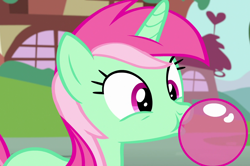 Size: 1628x1080 | Tagged: safe, screencap, character:minty bubblegum, species:pony, episode:on your marks, g4, my little pony: friendship is magic, bubblegum, cropped, female, food, gum, solo