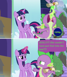 Size: 1360x1542 | Tagged: safe, edit, edited screencap, screencap, character:spike, character:twilight sparkle, character:twilight sparkle (alicorn), species:alicorn, species:dragon, species:pony, episode:the point of no return, g4, my little pony: friendship is magic, burp, comic, dialogue, discovery family logo, dragon mail, dragonfire, female, fire, green fire, magic, magic aura, male, mare, screencap comic, scroll, waterfall, winged spike