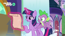 Size: 1366x766 | Tagged: safe, screencap, character:spike, character:twilight sparkle, character:twilight sparkle (alicorn), species:alicorn, species:dragon, species:pony, episode:the point of no return, g4, my little pony: friendship is magic, discovery family logo, flying, levitation, magic, magic aura, reading, telekinesis, waterfall, winged spike