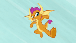 Size: 1280x720 | Tagged: safe, screencap, character:smolder, species:dragon, episode:uprooted, g4, my little pony: friendship is magic, badass, claws, clenched fist, confident, dragoness, dynamic entry, feet, female, flying, grin, horns, kicking, smiling, smugder, solo, spread toes, spread wings, teenaged dragon, teenager, toes, underfoot, wings