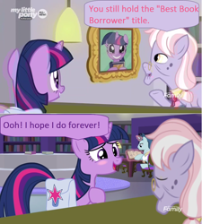 Size: 1366x1518 | Tagged: safe, edit, edited screencap, screencap, character:dusty pages, character:polo play, character:twilight sparkle, character:twilight sparkle (alicorn), character:twilight sparkle (unicorn), species:alicorn, species:pony, species:unicorn, episode:the point of no return, g4, my little pony: friendship is magic, blushing, comic, dialogue, elderly, las pegasus resident, librarian, library, picture, picture frame, reading, saddle bag, screencap comic