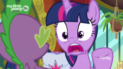 Size: 1366x768 | Tagged: safe, screencap, character:spike, character:twilight sparkle, character:twilight sparkle (alicorn), species:alicorn, species:dragon, species:pony, episode:the point of no return, g4, my little pony: friendship is magic, discovery family logo, frown, panic, saddle bag, the tasty treat, winged spike