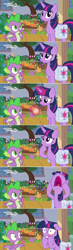 Size: 1354x4626 | Tagged: safe, edit, edited screencap, screencap, character:spike, character:twilight sparkle, character:twilight sparkle (alicorn), species:alicorn, species:dragon, species:pony, episode:the point of no return, g4, my little pony: friendship is magic, comic, floppy ears, frustrated, impatient, levitation, magic, magic aura, pocket watch, saddle bag, screencap comic, surprised, telekinesis, winged spike