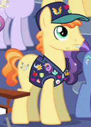 Size: 562x784 | Tagged: safe, screencap, species:earth pony, species:pony, episode:the crystalling, g4, my little pony: friendship is magic, bucktooth, clothing, cropped, fair trade, male, pin, pins, solo focus, stallion, vest