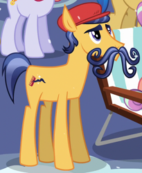 Size: 686x838 | Tagged: safe, screencap, species:crystal pony, species:earth pony, species:pony, episode:the crystalling, g4, my little pony: friendship is magic, chair, cropped, facial hair, lawn chair, male, moustache, mustafa combe, solo focus, stallion