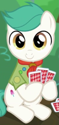 Size: 355x745 | Tagged: safe, screencap, species:earth pony, species:pony, episode:the mane attraction, g4, my little pony: friendship is magic, background pony, clothing, colt, cropped, hoof hold, male, playing card, sitting, soft ice, solo, uniform