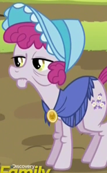Size: 366x589 | Tagged: safe, screencap, species:earth pony, species:pony, episode:brotherhooves social, g4, my little pony: friendship is magic, background pony, bonnet, cropped, discovery family logo, elderly, female, lidded eyes, mare, shawl, solo, unnamed pony