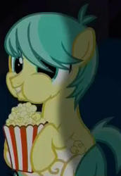 Size: 200x290 | Tagged: safe, screencap, species:earth pony, species:pony, episode:made in manehattan, g4, my little pony: friendship is magic, background pony, colt, corn pops, cropped, eating, foal, food, hoof hold, male, popcorn, puffy cheeks, solo