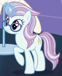 Size: 424x520 | Tagged: safe, screencap, character:north point, species:pony, species:unicorn, episode:canterlot boutique, g4, my little pony: friendship is magic, background pony, cropped, female, glasses, glowing horn, magic, magic aura, mare, raised hoof, solo