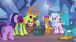 Size: 1280x720 | Tagged: safe, screencap, character:gallus, character:ocellus, character:silverstream, character:smolder, character:thorax, character:twilight sparkle, character:twilight sparkle (alicorn), character:yona, species:alicorn, species:changedling, species:changeling, species:classical hippogriff, species:dragon, species:griffon, species:hippogriff, species:pony, species:reformed changeling, species:yak, episode:uprooted, g4, my little pony: friendship is magic, cave of harmony, changeling king, claws, cloven hooves, disguise, disguised changeling, dragoness, female, folded wings, horns, jewelry, looking down, male, mare, monkey swings, necklace, pathetic, paws, pearl necklace, plot, rock, rockellus, scolding, talons, teenaged dragon, teenager, thorax is not amused, toes, unconvincing, upset, wings, worried