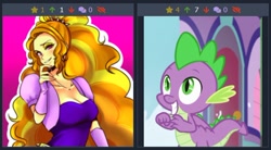 Size: 486x269 | Tagged: safe, artist:raika0306, screencap, character:adagio dazzle, character:spike, species:dragon, derpibooru, episode:the point of no return, equestria girls:rainbow rocks, g4, my little pony: friendship is magic, my little pony:equestria girls, breasts, busty adagio dazzle, cleavage, clothing, cropped, cute, female, juxtaposition, juxtaposition win, male, meme, meta, simple background, smiling, solo, spikabetes, tail, winged spike