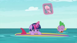 Size: 1920x1080 | Tagged: safe, screencap, character:spike, character:twilight sparkle, character:twilight sparkle (alicorn), species:alicorn, species:dragon, species:pony, episode:the point of no return, g4, my little pony: friendship is magic, duo, lifejacket, sad, surfboard, twilight is not amused, unamused, water, wet mane, windsurfing, winged spike