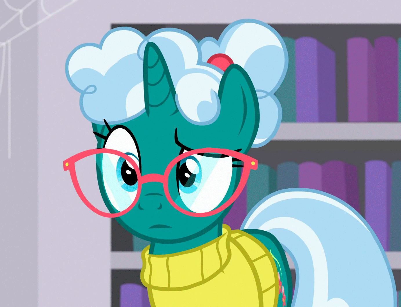 Size: 1383x1058 | Tagged: safe, screencap, character:bellflower blurb, species:pony, species:unicorn, episode:the point of no return, g4, my little pony: friendship is magic, animated, clothing, confused, cute, female, glasses, head tilt, librarian, mare, solo, sweater
