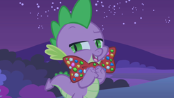 Size: 1280x720 | Tagged: safe, screencap, character:spike, species:dragon, episode:owl's well that ends well, g4, my little pony: friendship is magic, baby dragon, bow tie, male, solo