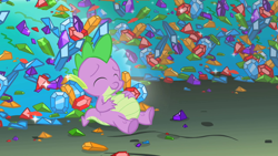 Size: 1280x720 | Tagged: safe, screencap, character:spike, species:dragon, episode:owl's well that ends well, g4, my little pony: friendship is magic, baby dragon, eyes closed, fat, fat spike, gem, hoard, male, solo, stuffed