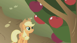 Size: 1280x720 | Tagged: safe, screencap, character:applejack, species:earth pony, species:pony, episode:applebuck season, g4, my little pony: friendship is magic, apple, apple tree, female, food, mare, solo, tree