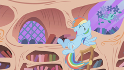 Size: 1280x720 | Tagged: safe, screencap, character:rainbow dash, species:pegasus, species:pony, episode:the ticket master, g4, my little pony: friendship is magic, bookshelf, eyes closed, female, flying, golden oaks library, ladder, mare, open mouth, smiling, solo, wings