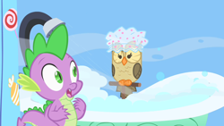 Size: 1280x720 | Tagged: safe, screencap, character:owlowiscious, character:spike, species:bird, species:dragon, species:owl, episode:owl's well that ends well, g4, my little pony: friendship is magic, baby dragon, bathtub, clothing, duo, hat, male, shower, shower cap