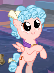 Size: 544x726 | Tagged: safe, screencap, character:cozy glow, species:pegasus, species:pony, episode:school raze, g4, my little pony: friendship is magic, bipedal, cozybetes, cropped, cute, facade, female, filly, rearing, school of friendship, smiling, solo, spread wings, wings